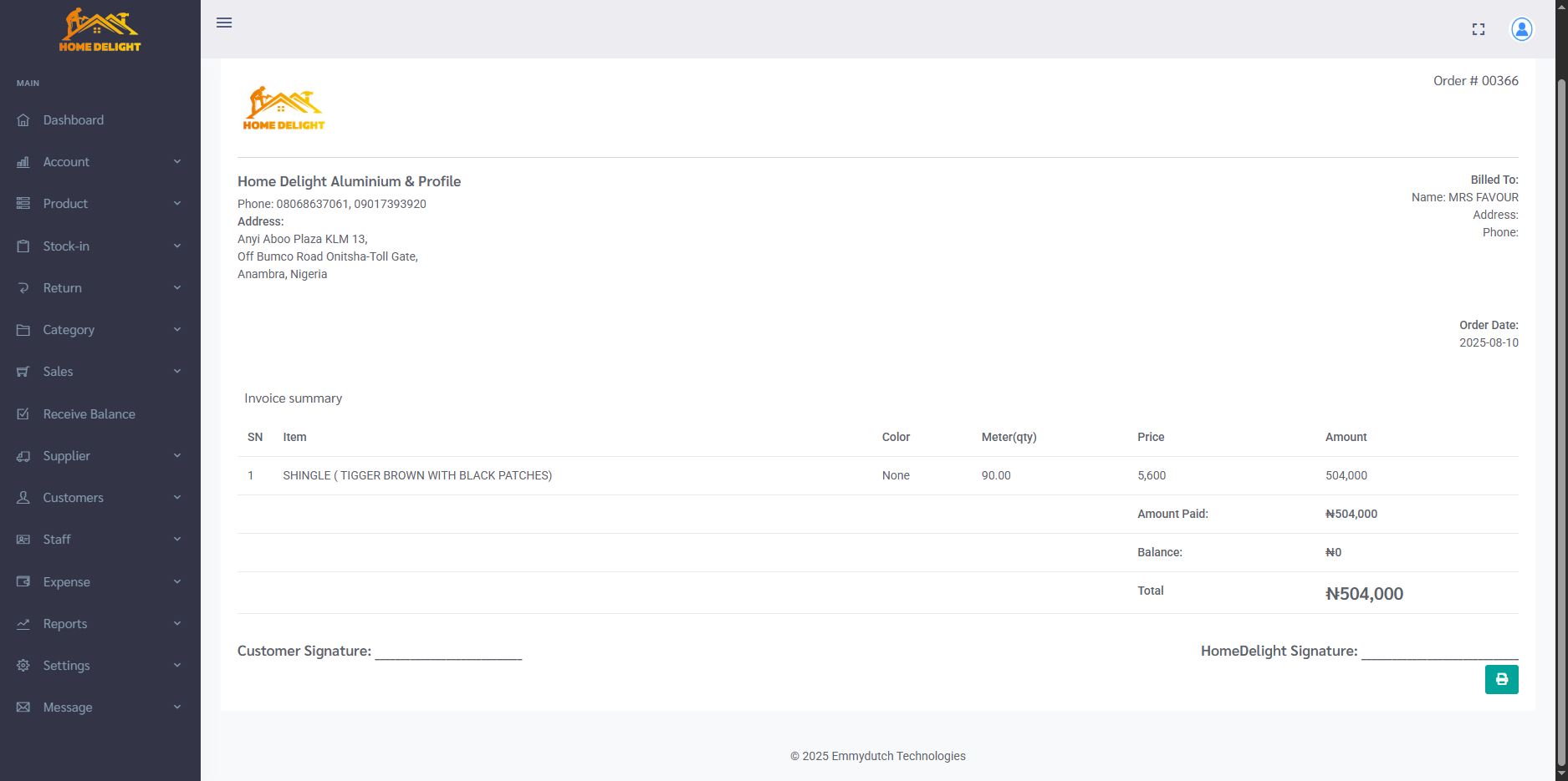 Homedelight ERP Platform screenshot